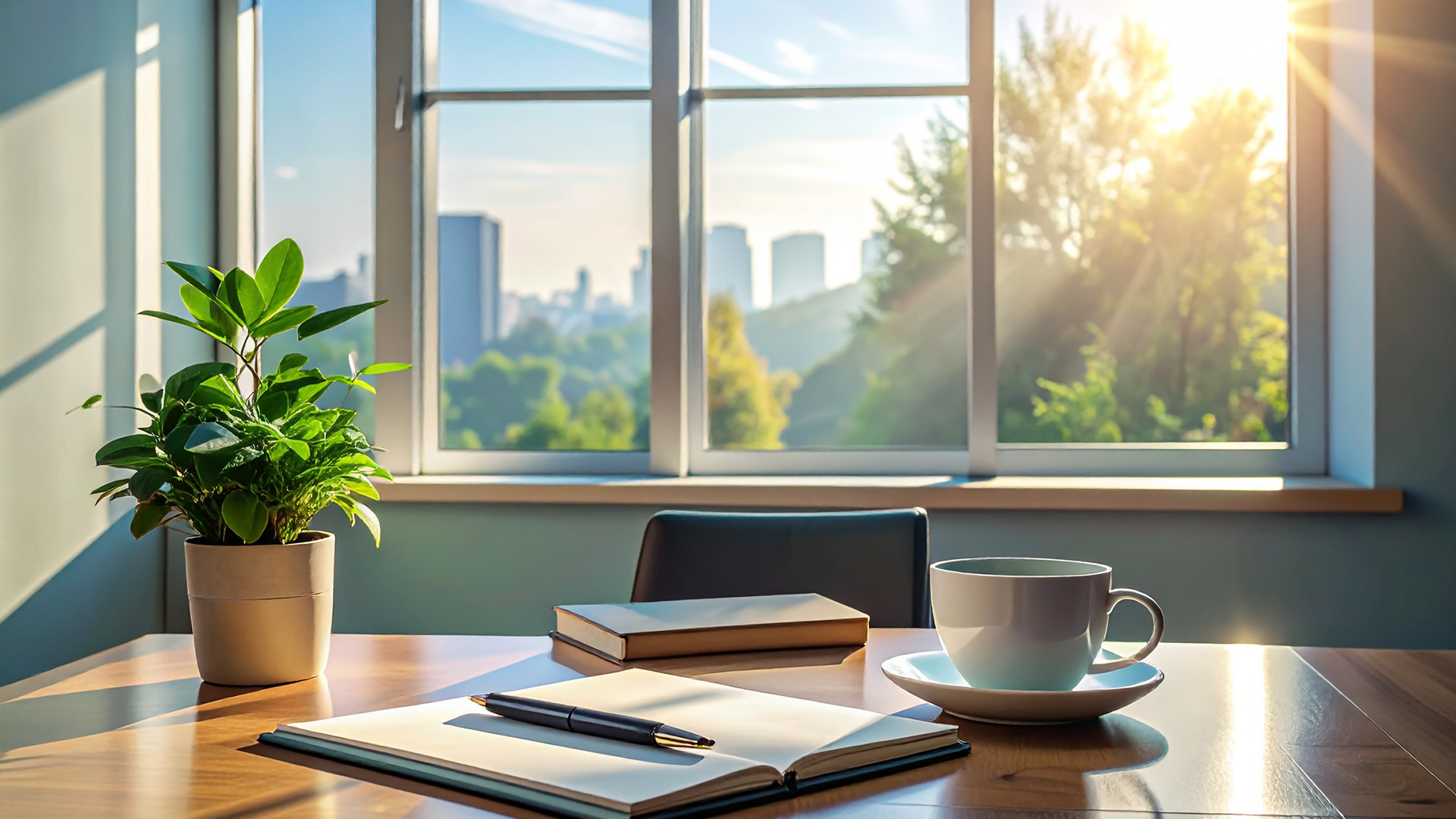 Holzschreibtisch mit juristischen Dokumenten, einer Tasse und einer kleinen Pflanze